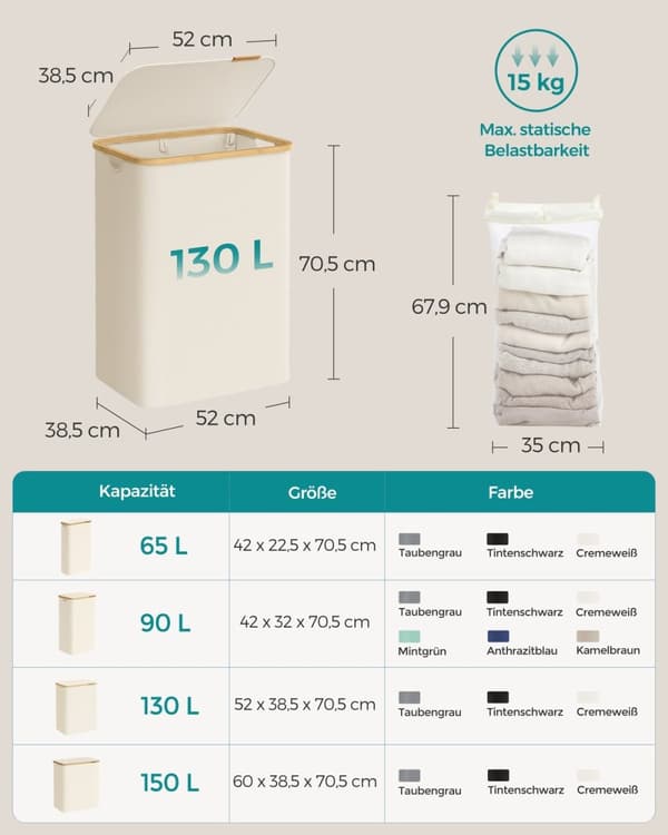 Rootz Tvättkorg - Kläm - Dubbla fack Organizer - Vitt lock - 60cm x 40cm x 50cm