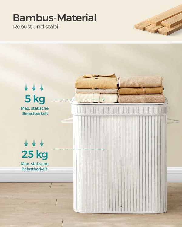 Vaskeri kurv - 100 liter - bambus - med hvidt låg og håndtag
