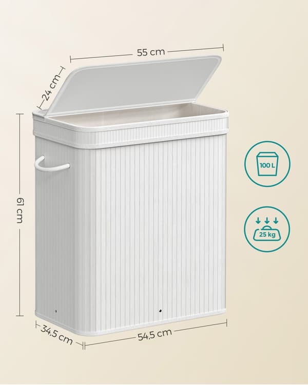 Vaskeri kurv - 100 liter - bambus - med hvidt låg og håndtag