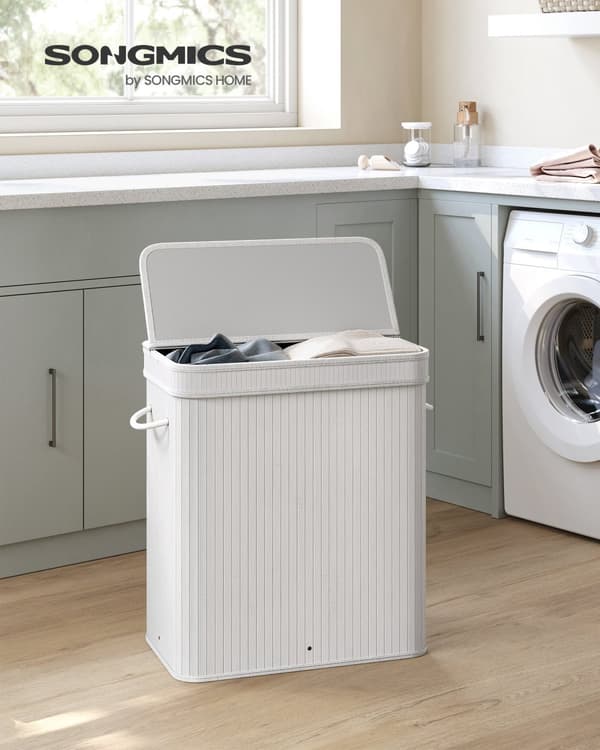Vaskeri kurv - 100 liter - bambus - med hvidt låg og håndtag