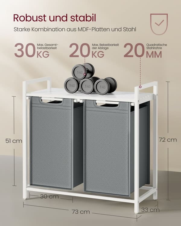 Tøjvaskkurv - 2 x 46 l - med bord - 73 x 33 x 72 cm
