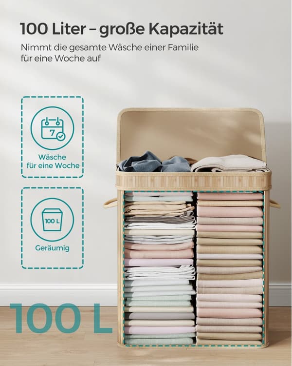 Vaskeri kurv - 100 liter - bambus - med låg og håndtag - naturlig farve