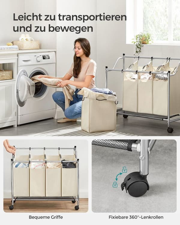 Vaskeri Kurv på hjul - 4 Vaskposer - 4 x 35 liter - Beige