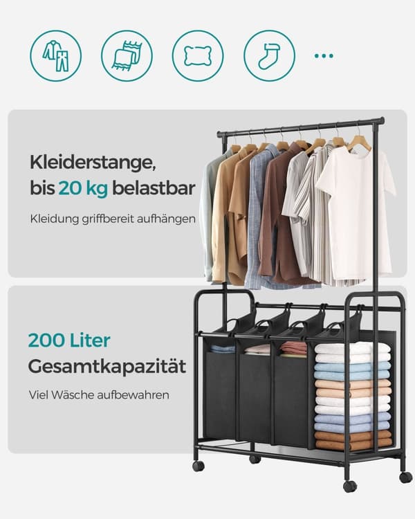 Pesulakori - 4 x 50 litraa - pyörillä - irrotettavalla pyykkilaukulla - musta