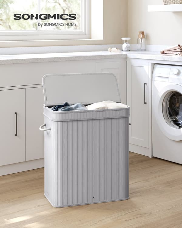 Vaskeri kurv - 100 liter - bambus - med gråt låg og håndtag