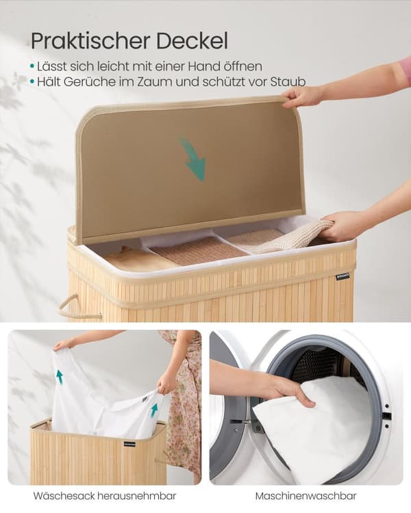 Vaskeri kurv - med bambuslåg - 150 liter - naturlig beige