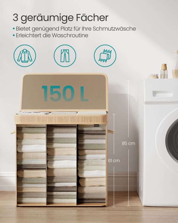 Vaskeri kurv - med bambuslåg - 150 liter - naturlig beige