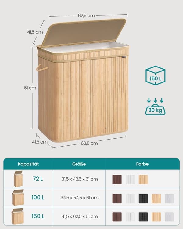 Vaskeri kurv - med bambuslåg - 150 liter - naturlig beige