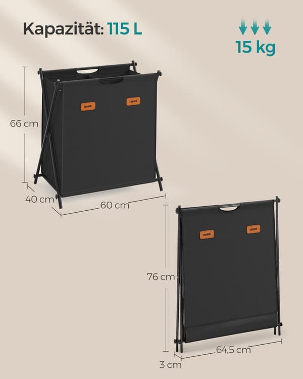 Tøjvask kurv 115 liter med 2 rum blæk -sort
