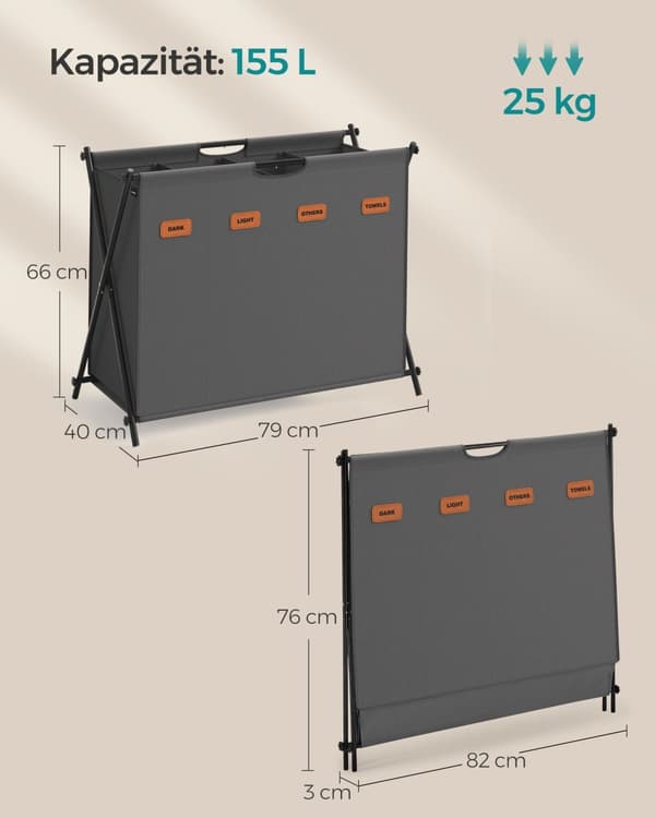Vaskeri Kurv 155 liter med 4 kurser, Leigrijs