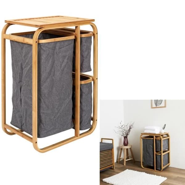 Tvättkorg i textil med 3 fack och bambuställning 33x69,5x49cm