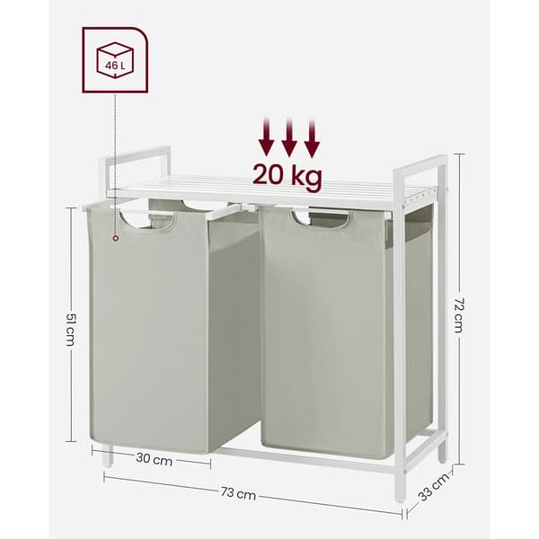 Pyykinlajittelija kahdella 46L pussilla ja säilytyshyllyllä, 92L