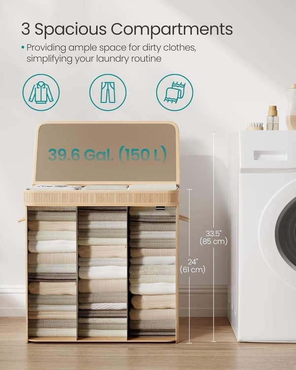 Bambus Vasketøjskurv med Håndtag, 150 L, Natural Beige