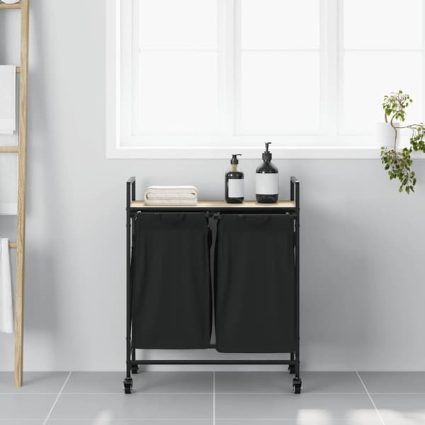 vidaXL vasketøjskurv 2 rum med hjul sonoma-eg