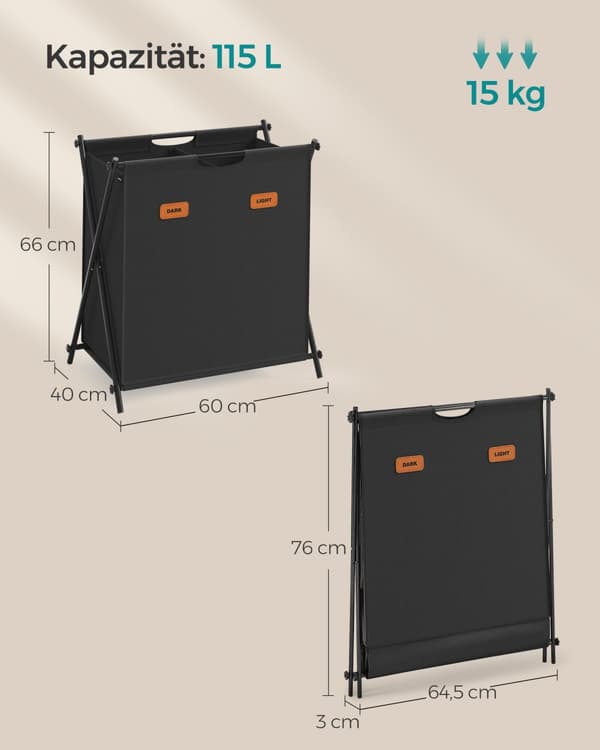 Vasketøjskurv, Vasketøjsindsamler 115 Liter, Blæksort.