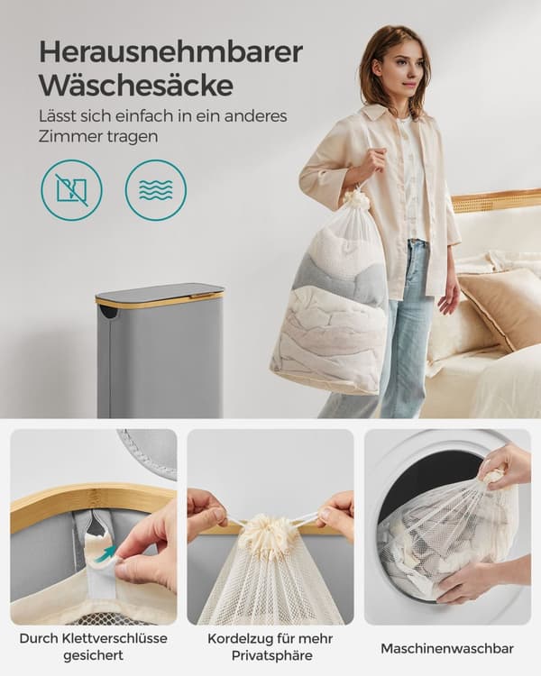 Vasketøjskurv, SONGMICS, Oxford-stof, Bambus, Sammenklappelig.