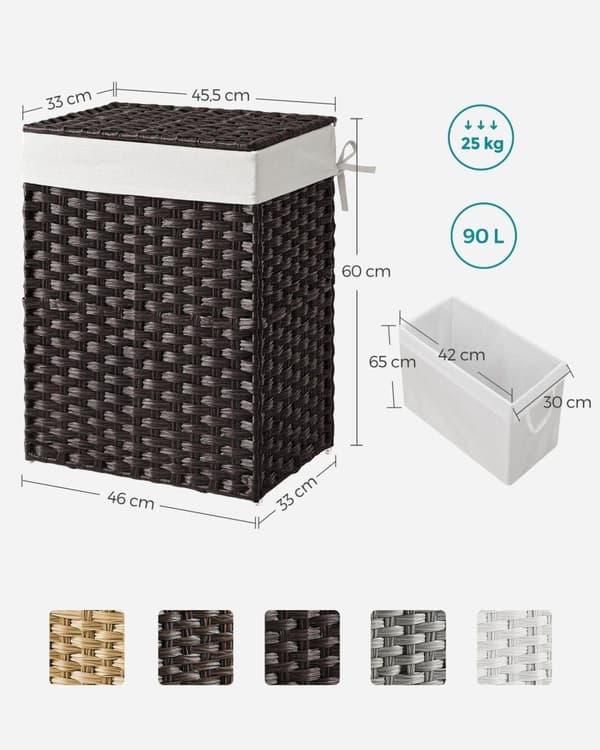 Tvättkorg, SONGMICS LCB51NL, 46x33x60 cm, Svart