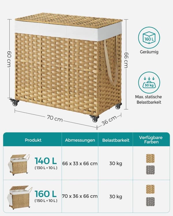 Tvättkorg, SONGMICS, 70x36x66 cm, Naturfärgad