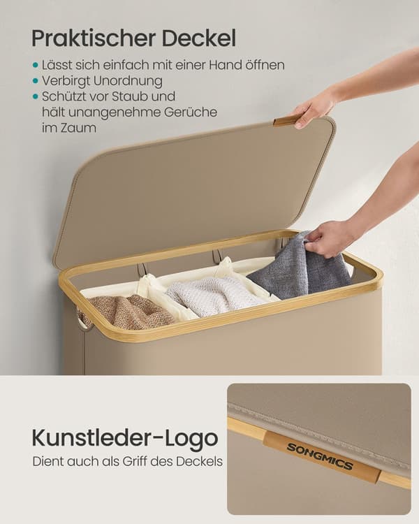 Tøjkurv 150L med låg og 3 rum - 60 x 38,5 x 70,5 cm - Kamelbrun