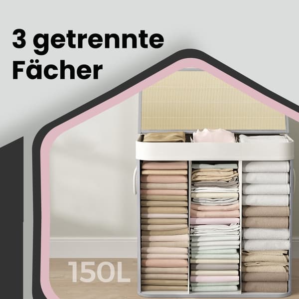Vaskeri kurv med 3 kurser - stofopsamler 150 L, stort indhold