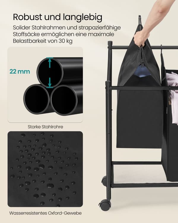 Vaskeri kurv - med hjul - 3 × 45 l - blæk -sort