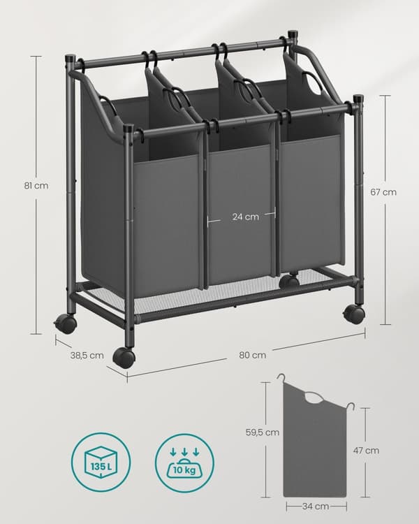 Pesulakori - Pyörillä - 3 × 45 l - Leigrijs