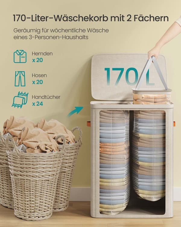 Wasmand 170 L met 2 vakken 56 x 40 x 75 cm cappuccino beige