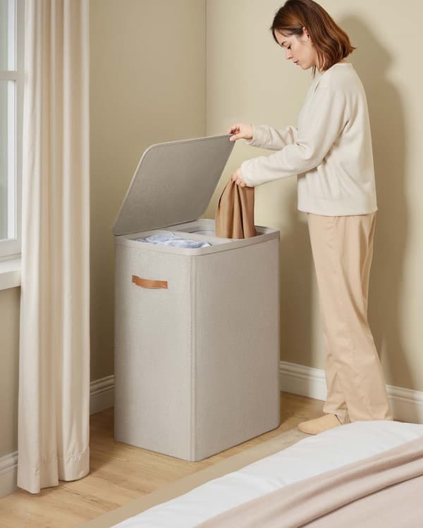Wasmand 170 L met 2 vakken 56 x 40 x 75 cm cappuccino beige
