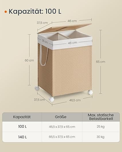 Tøjvaskkurv 100 l med 2 rum og hjul naturlig beige-mat hvid