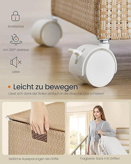 Tøjvaskkurv 100 l med 2 rum og hjul naturlig beige-mat hvid