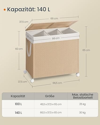 Pesulakori 140 L 3 osastolla ja pyörillä luonnollinen beige-mat valkoinen