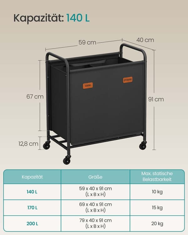 Wasmand 140 L met wielen en 2 vakken inktzwart