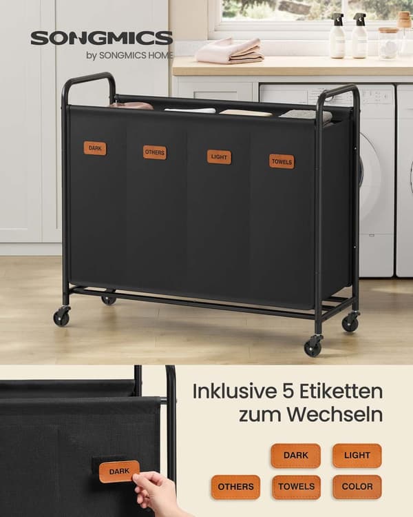Wasmand 200 L met wielen en 3 vakken inktzwart