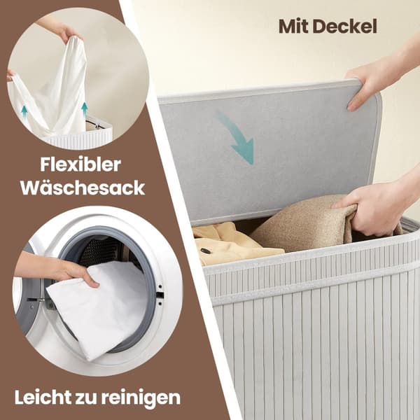 Wasmand met deksel, wasmand bamboe, waszak met afneembare handvatten en wasbaar in de machine