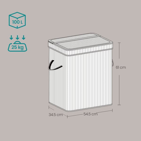 Wasmand met deksel, wasmand bamboe, waszak met afneembare handvatten en wasbaar in de machine