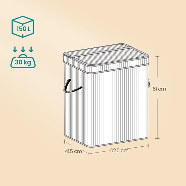Wasmand met deksel, wasmand bamboe, waszak met afneembare handvatten en wasbaar in de machine