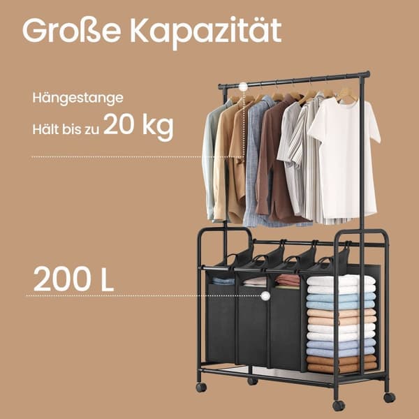 Wasmand 4 compartimenten, wasverzamelaar met wielen en kledingroede, wassorteerder