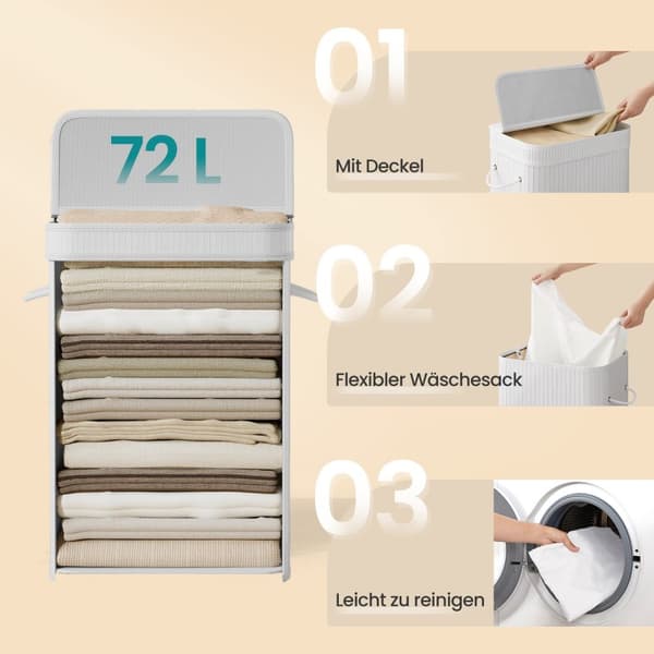 Wasmand met deksel, wasmand bamboe, waszak met afneembare handvatten en wasbaar in de machine