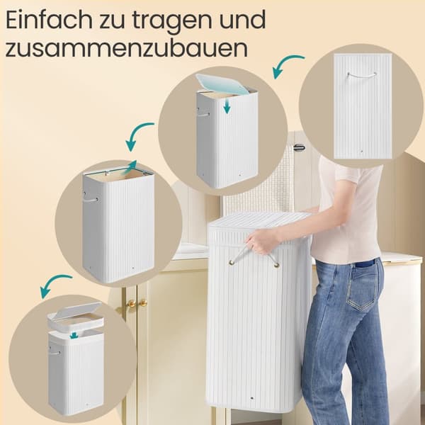 Wasmand met deksel, wasmand bamboe, waszak met afneembare handvatten en wasbaar in de machine