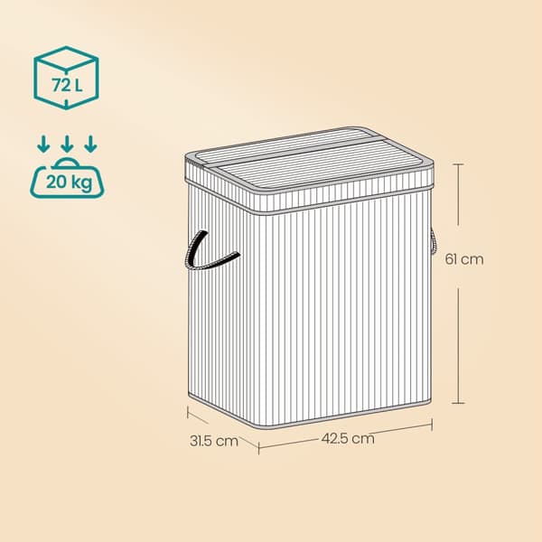 Wasmand met deksel, wasmand bamboe, waszak met afneembare handvatten en wasbaar in de machine