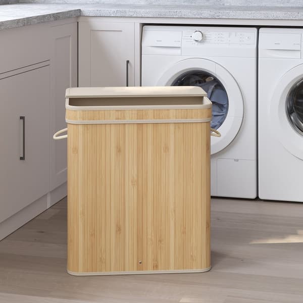 Tvättkorg med lock, tvättkorg bambu, tvättväska med avtagbara handtag och tvättbar i maskinen