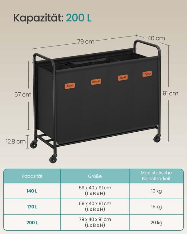Tvättkorg, SONGMICS RLS210B01, 79x40x91 cm, Svart