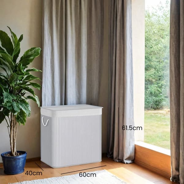 Vasketøjskurv, 150 L, 3 Rum, med Håndtag, Foldbar, Aftagelig Vasketøjspose, til Vaskerum, Soveværelse, Naturfarve, 60x40x61.5 cm, Grå