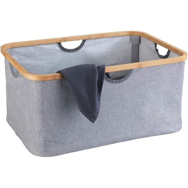 WENKO Bahari hopfällbar tvättkorg, förvaringskorg för badrumstyg, 50 l kapacitet, polyester - bambu, grå - brun