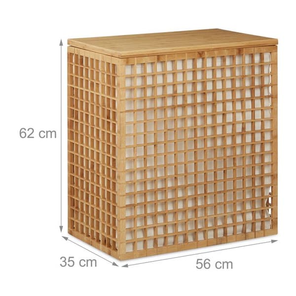 Relaxdays Tvättkorg i bambu, förvaringskorg för tvätt 2 fack, tvättpåse 96 liter HxlxB: 62x56x35 cm, natur
