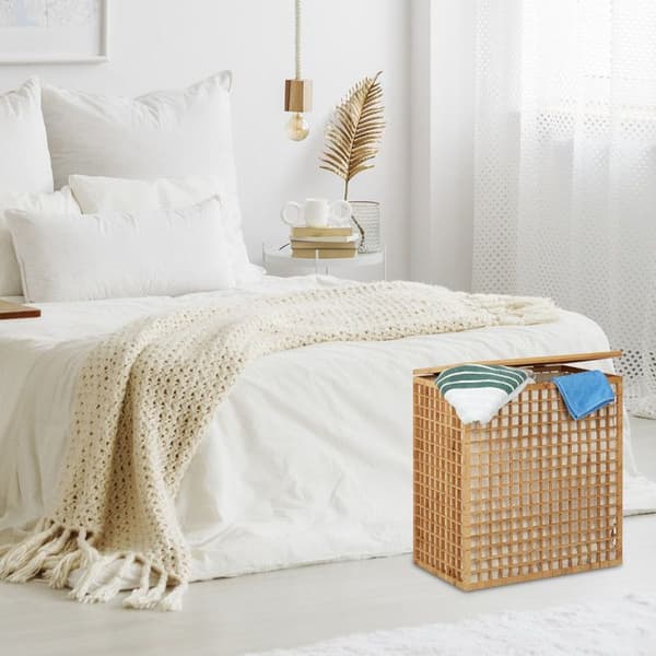 Relaxdays Tvättkorg i bambu, förvaringskorg för tvätt 2 fack, tvättpåse 96 liter HxlxB: 62x56x35 cm, natur