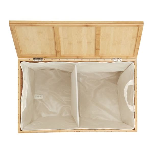 Relaxdays Tvättkorg i bambu, förvaringskorg för tvätt 2 fack, tvättpåse 96 liter HxlxB: 62x56x35 cm, natur