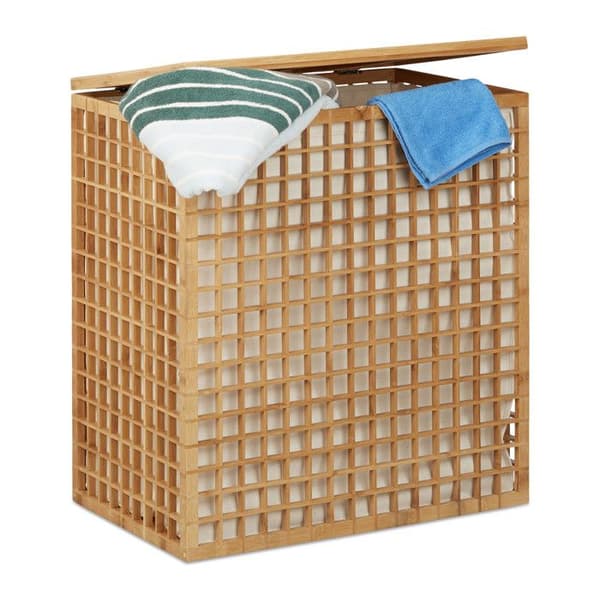 Relaxdays Tvättkorg i bambu, förvaringskorg för tvätt 2 fack, tvättpåse 96 liter HxlxB: 62x56x35 cm, natur