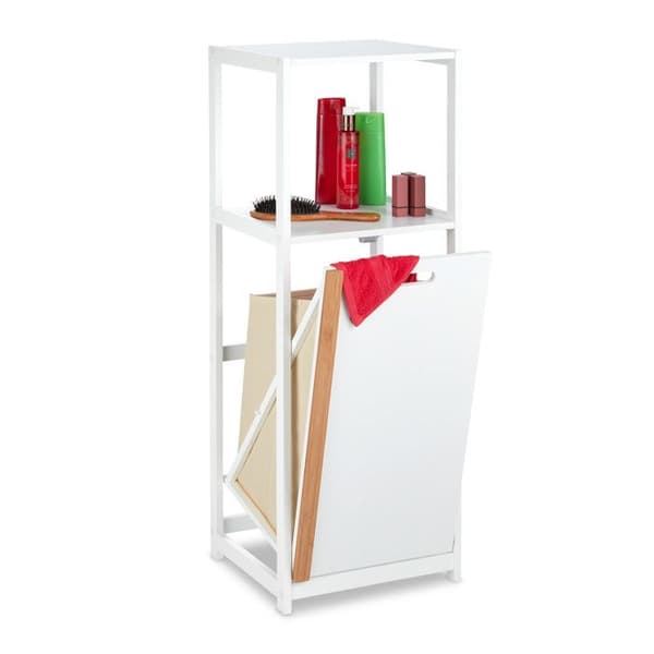 Relaxdays badrumsställning med tvättkorg, 2 förvaringar, korg, MDF &amp; bambu, 98x36x30 cm, vit/natur