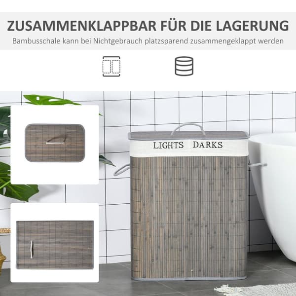 Rootz 100L Tvättkorg - Tvätt Hamper - Klädsorterare - Washable Bag - 52x32x63cm - Bambu, polyester, bomull, metall - grå